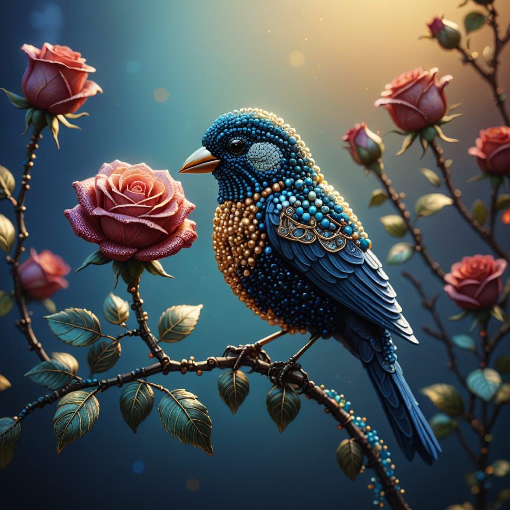 Beaded Bird with Rose: Fantasy Matte Painting