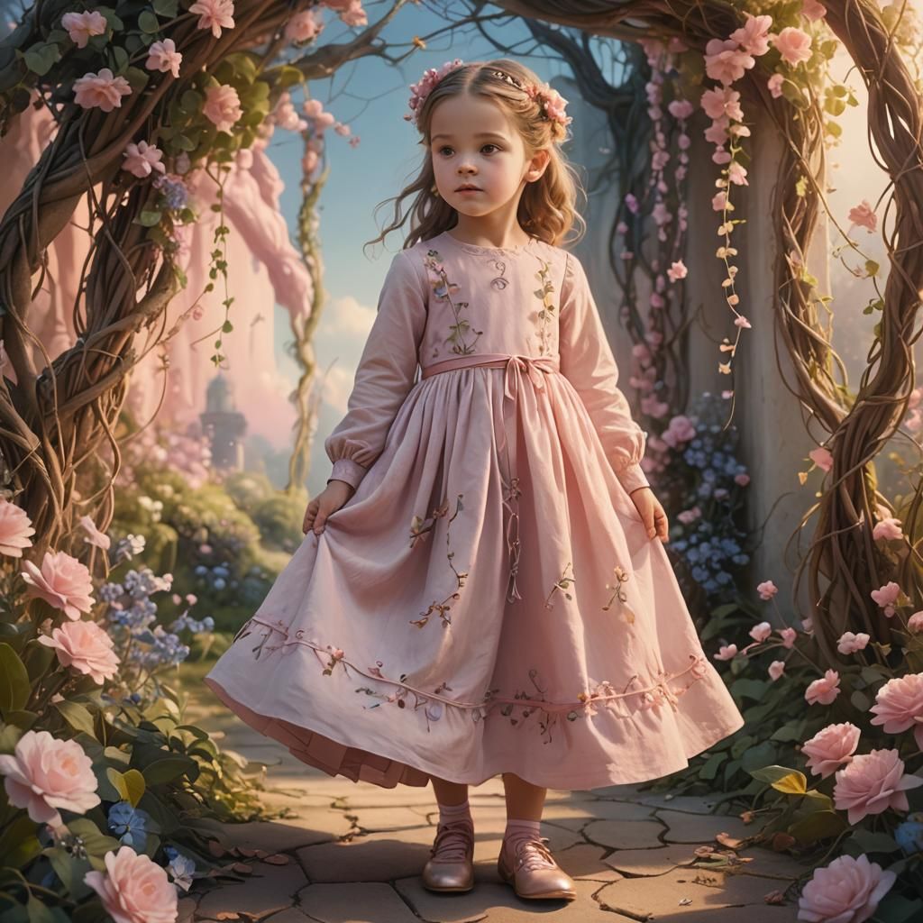 Girl in Pink Dress Surrounded by Surreal Flowers