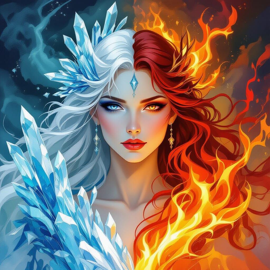 Goddess of Ice and Fire in Art Nouveau Style