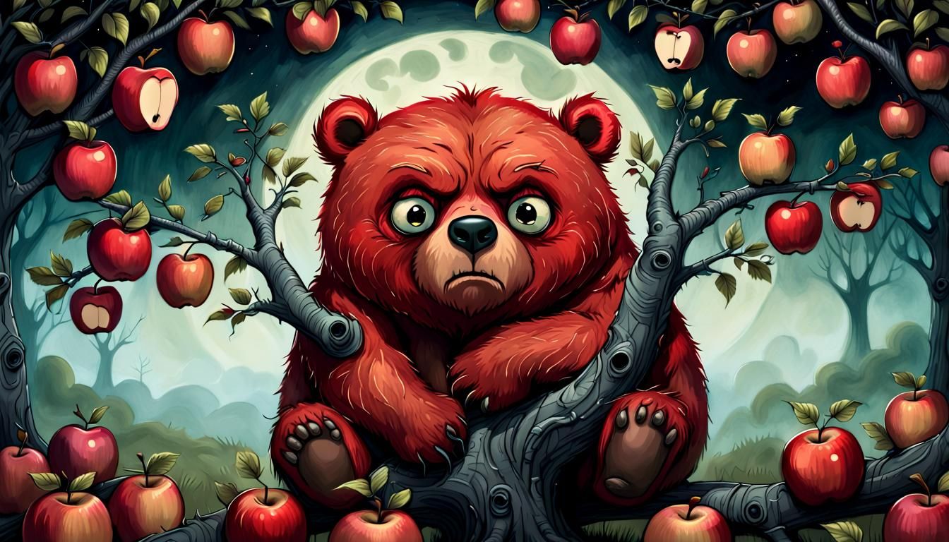 Grumpy Red Bear Seeks Sleep in a Tree