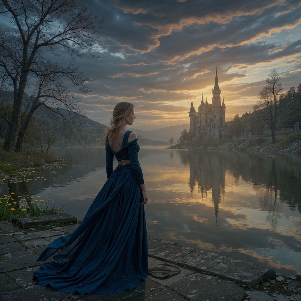 Woman Beside Lake with Gothic Castle