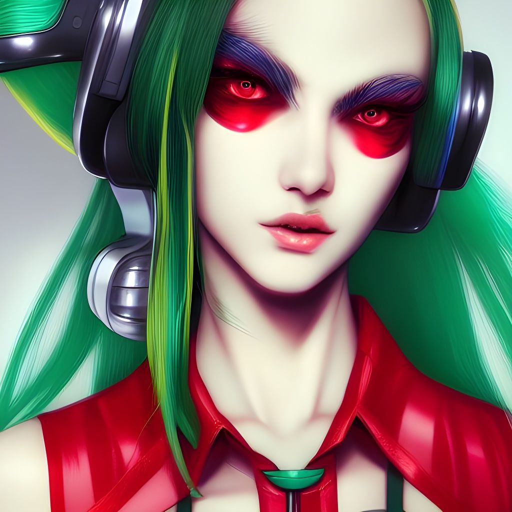 cyberpunk woman with green hair wearing futuristic clothes