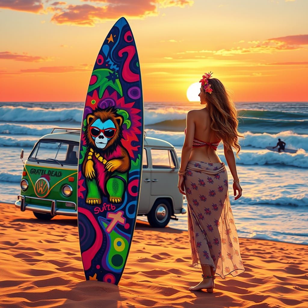Psychedelic Surfboard with Grateful Dead Dancing Bears in Vi...