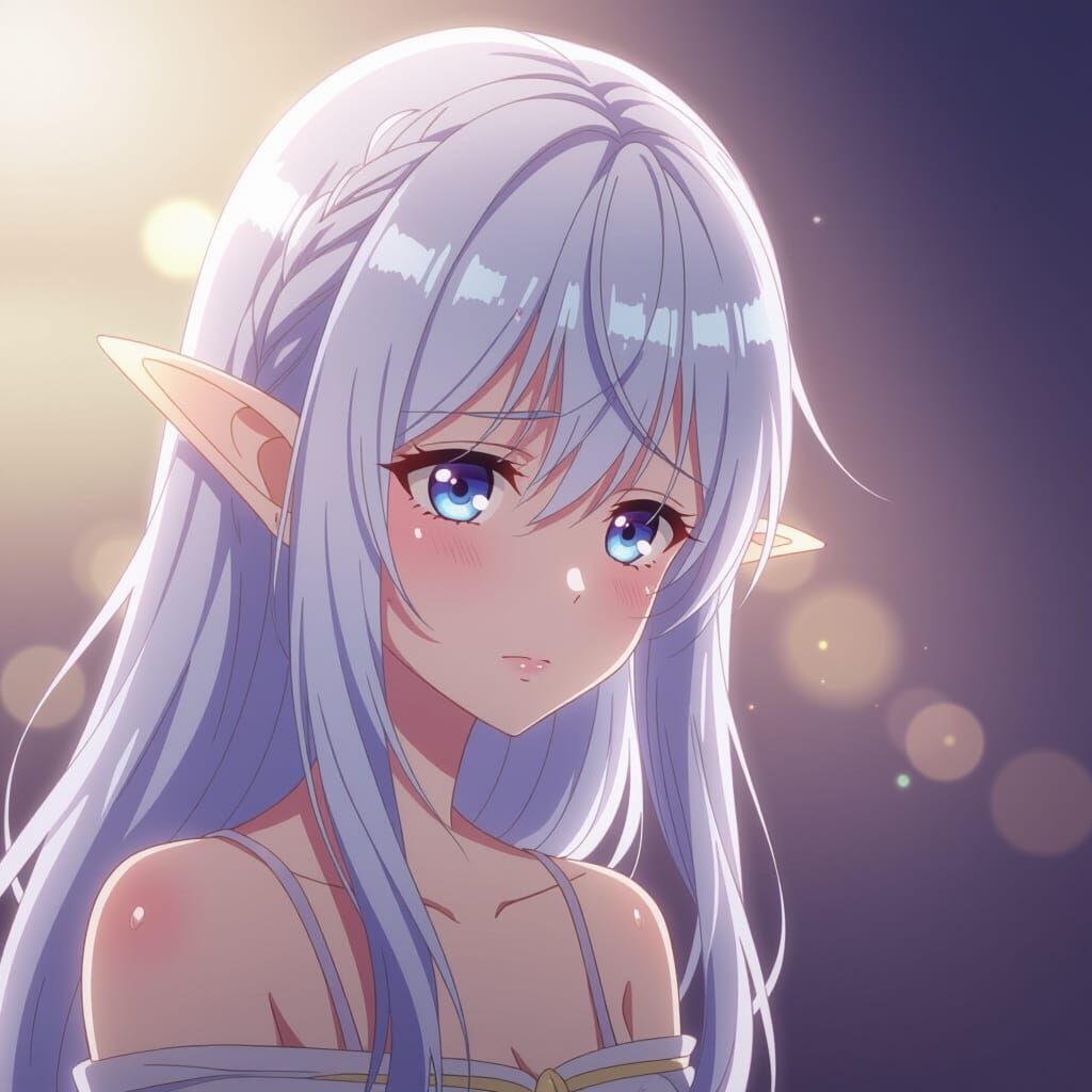 Melancholic Elf Woman in Ethereal Light Anime Style