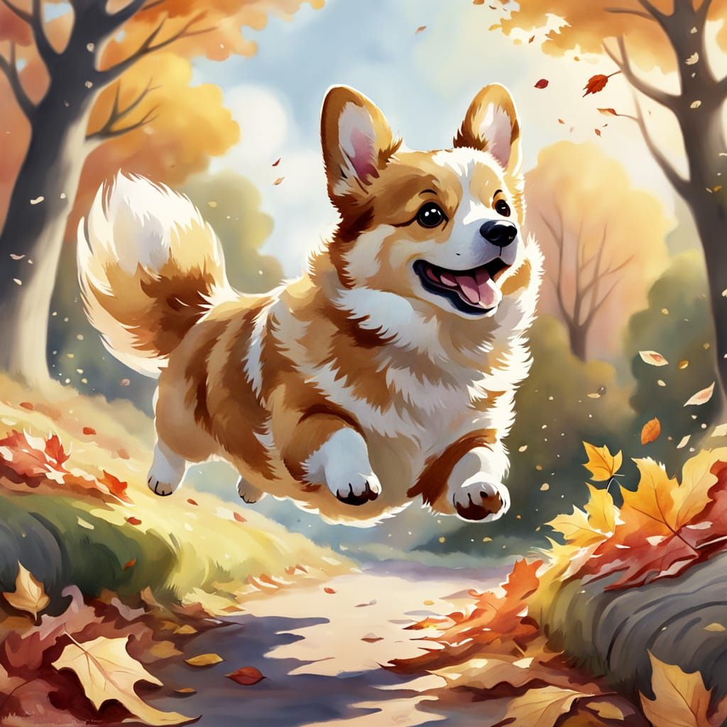 Fluffy Corgi Puppy in Autumn Leaves Watercolor