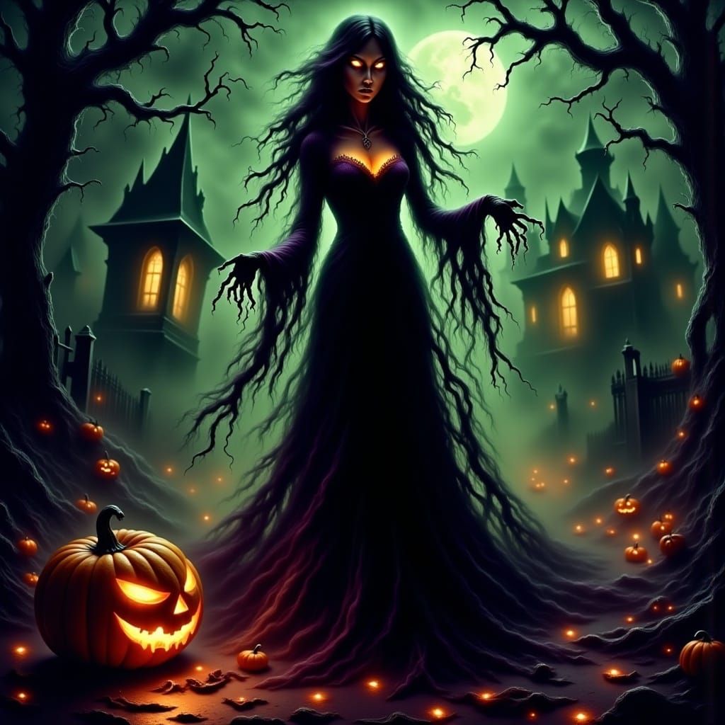 Halloween Comic Art Woman in Spooky Setting