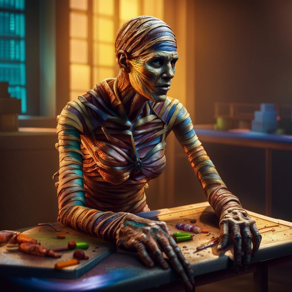The Mummy Attends Biology Class: Hyperrealistic Splash Art