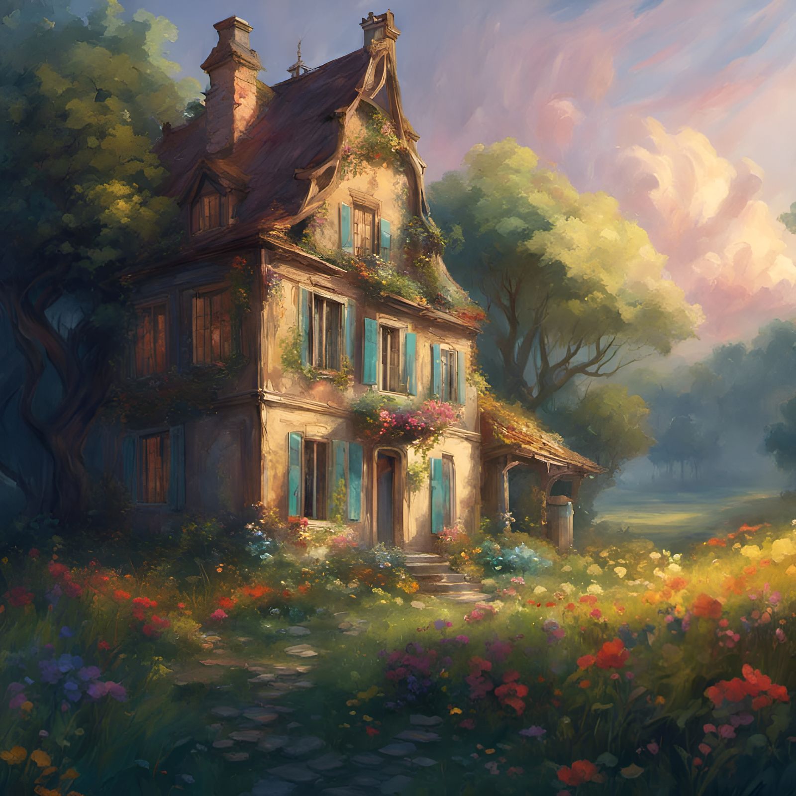 Rococo Cottage Oil Painting in Meadow