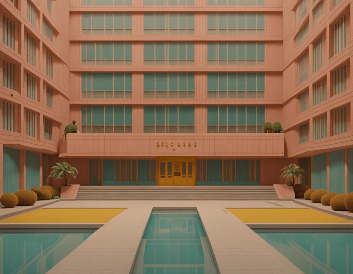 Brutalist Symmetrical Scene in Wes Anderson Style