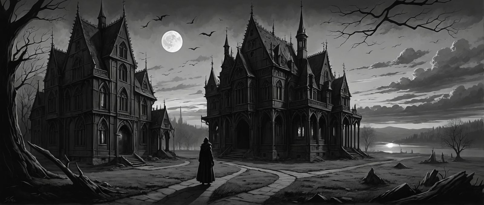 Surreal Anime Fantasy Twilight Charcoal Drawing