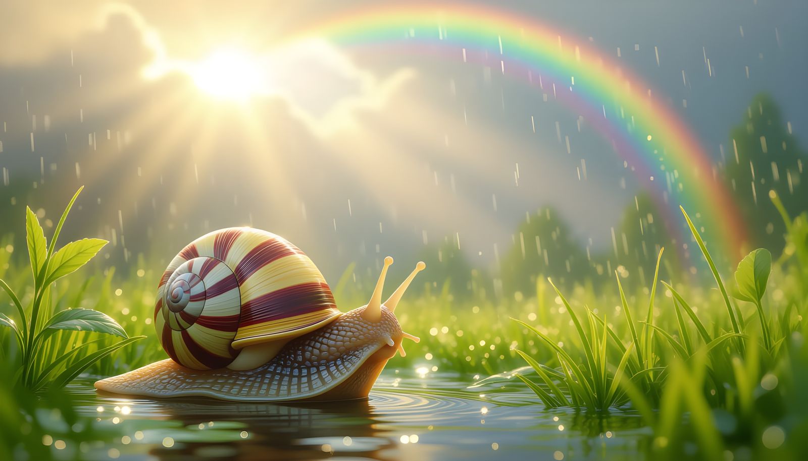 Magical Snail in Rainbow After Rain