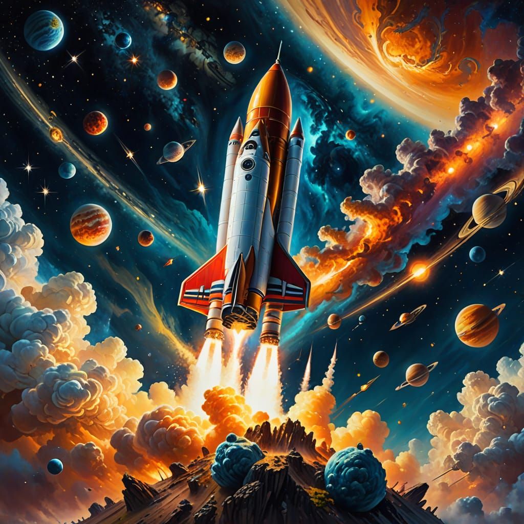 Rocket Launch into Galaxy: Surreal Oil Painting