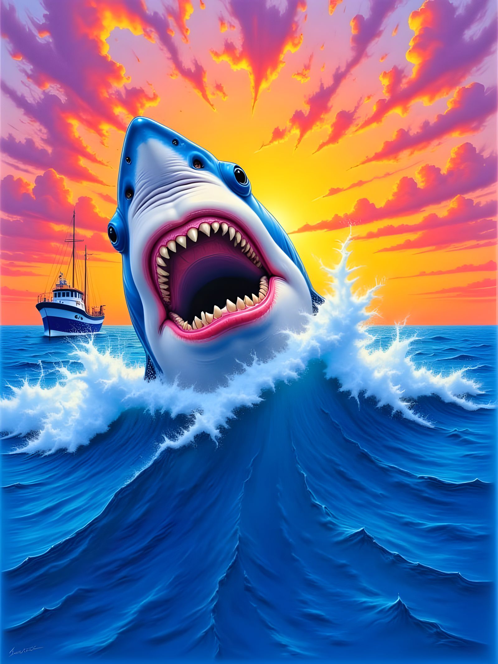 Great White Shark Breaching, Colored Pencil Drawing