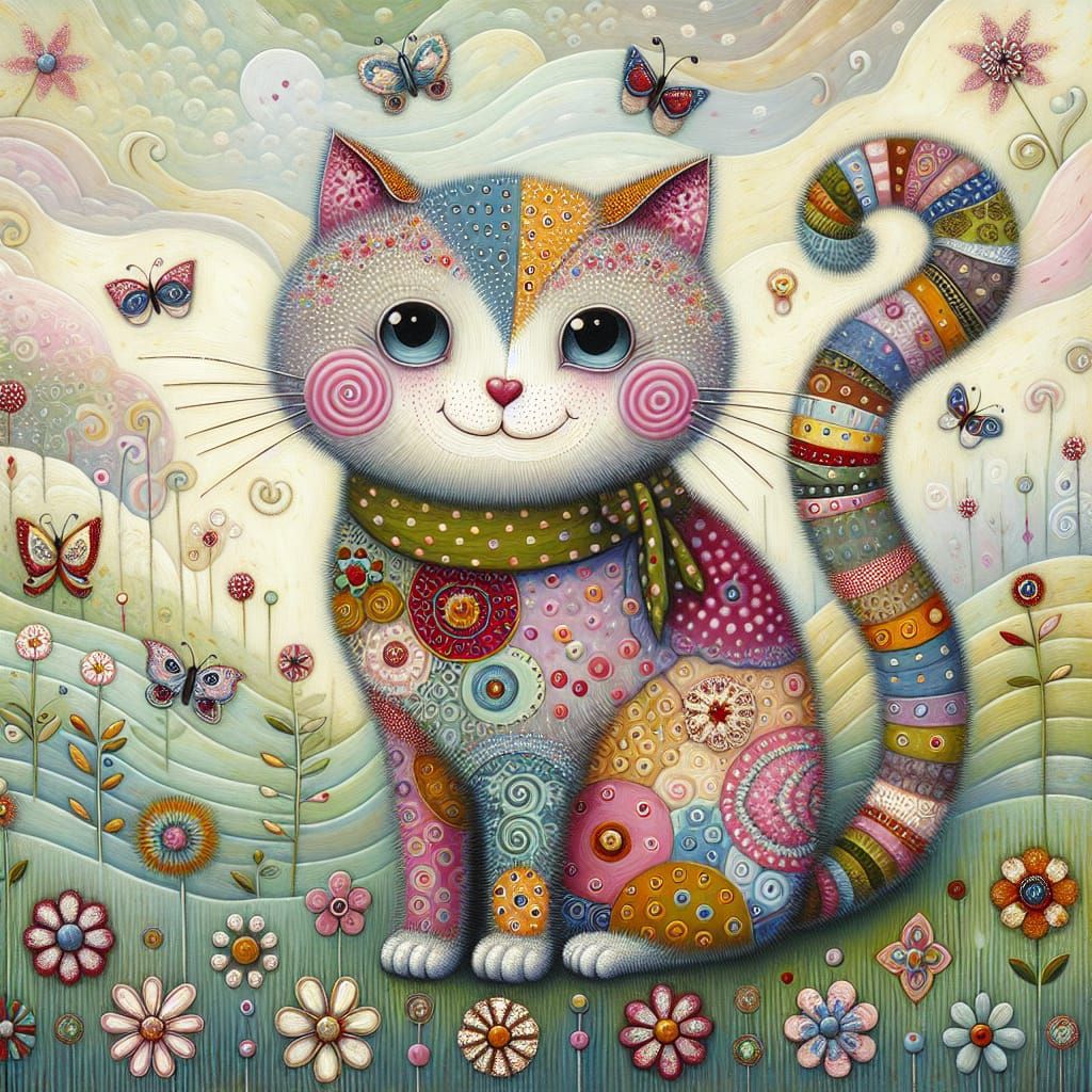 Whimsical Impressionist Cat in Pastel Landscape