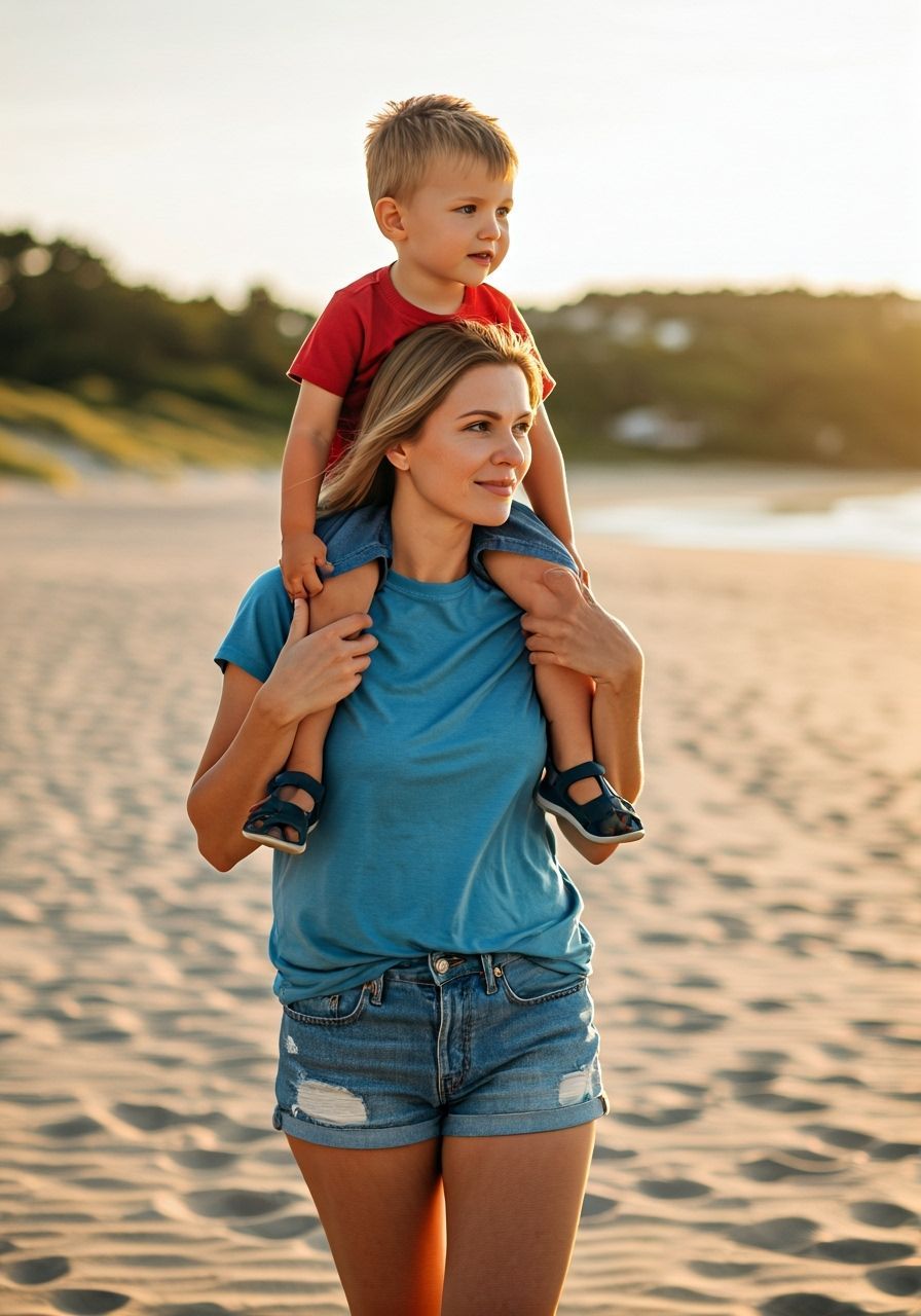 Mother and Son on Sunny Beach at Golden Hour