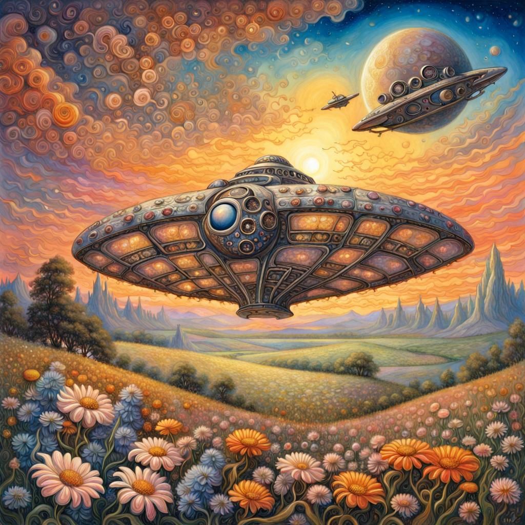 Spaceship Among Flowers at Sunset, Visionary Art