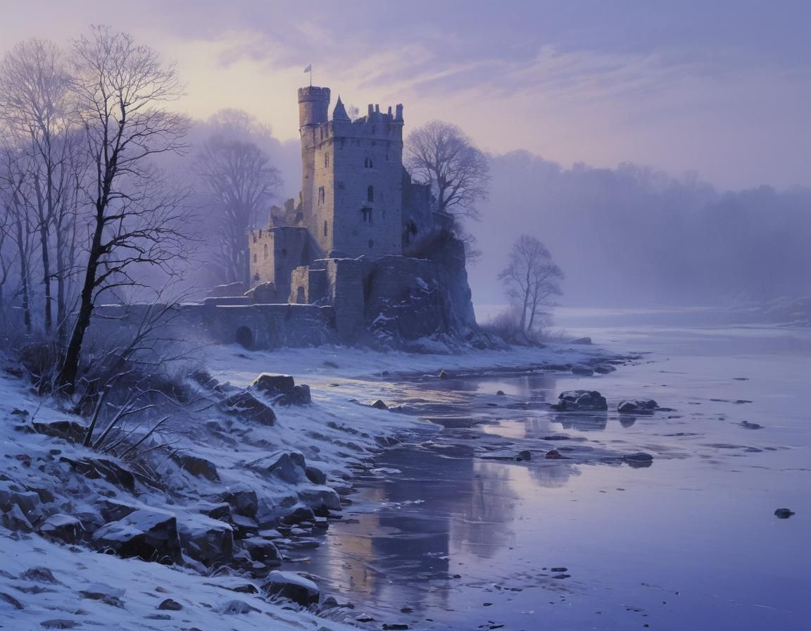 Castle Ruins in Icy Morning Mist