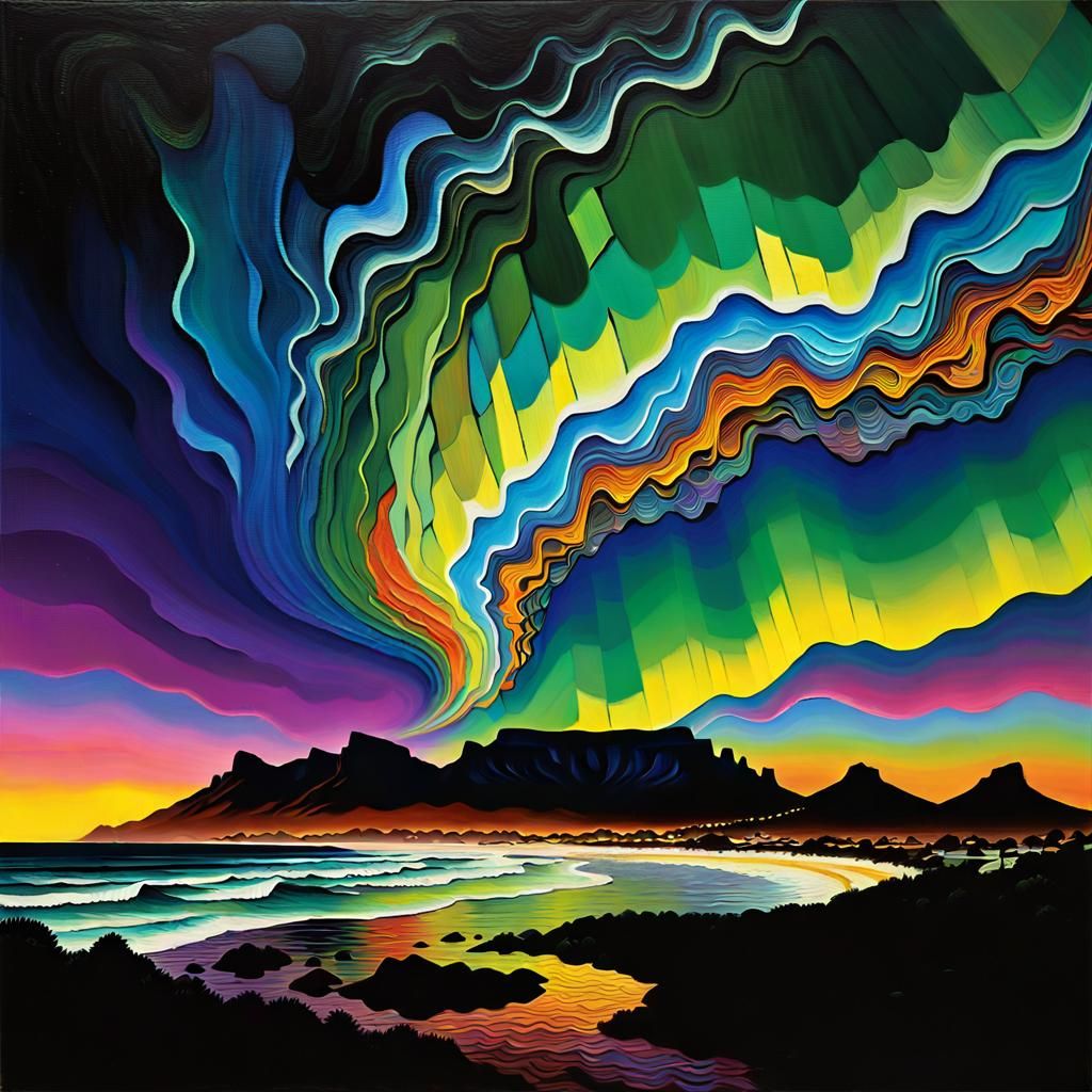 Aurora Australis Over Table Mountain: Post-Impressionist Oil