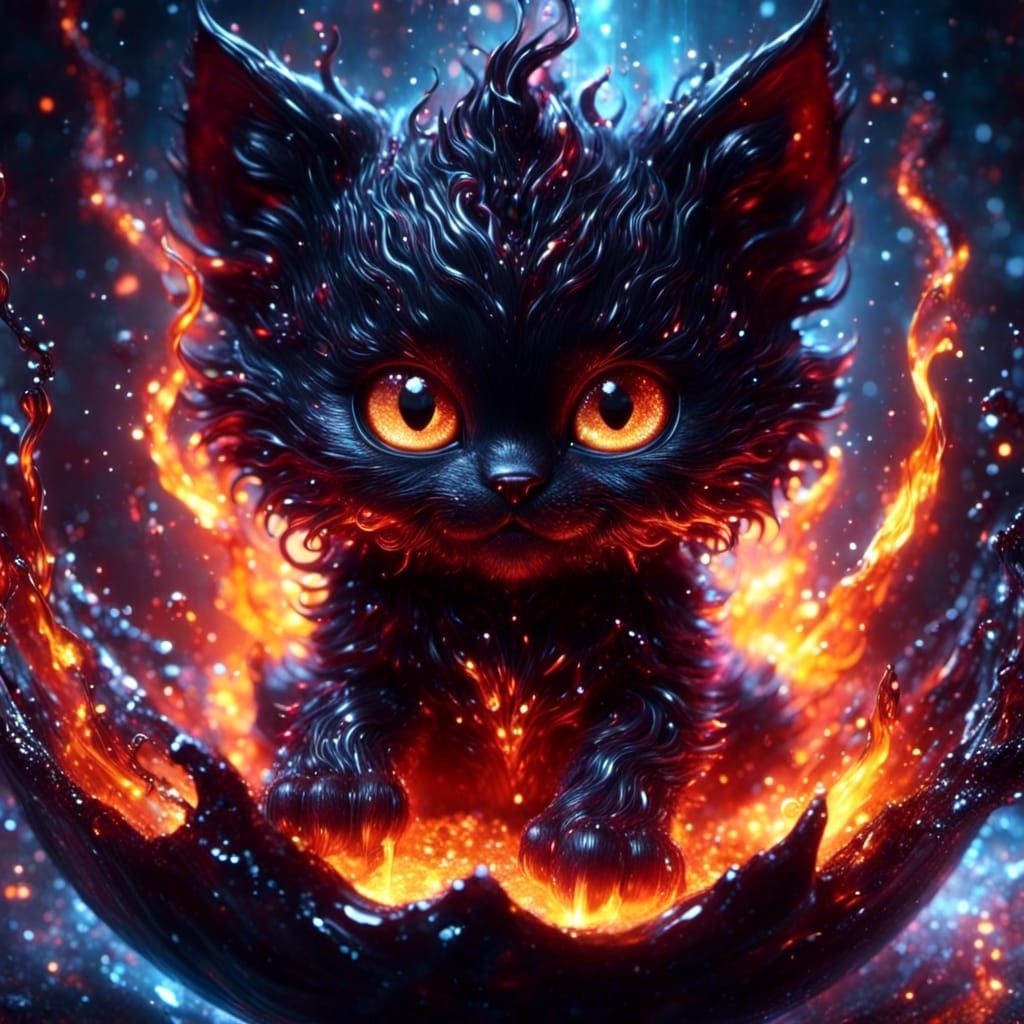 Chibi Demon Kitten Bathes in Electric Fire