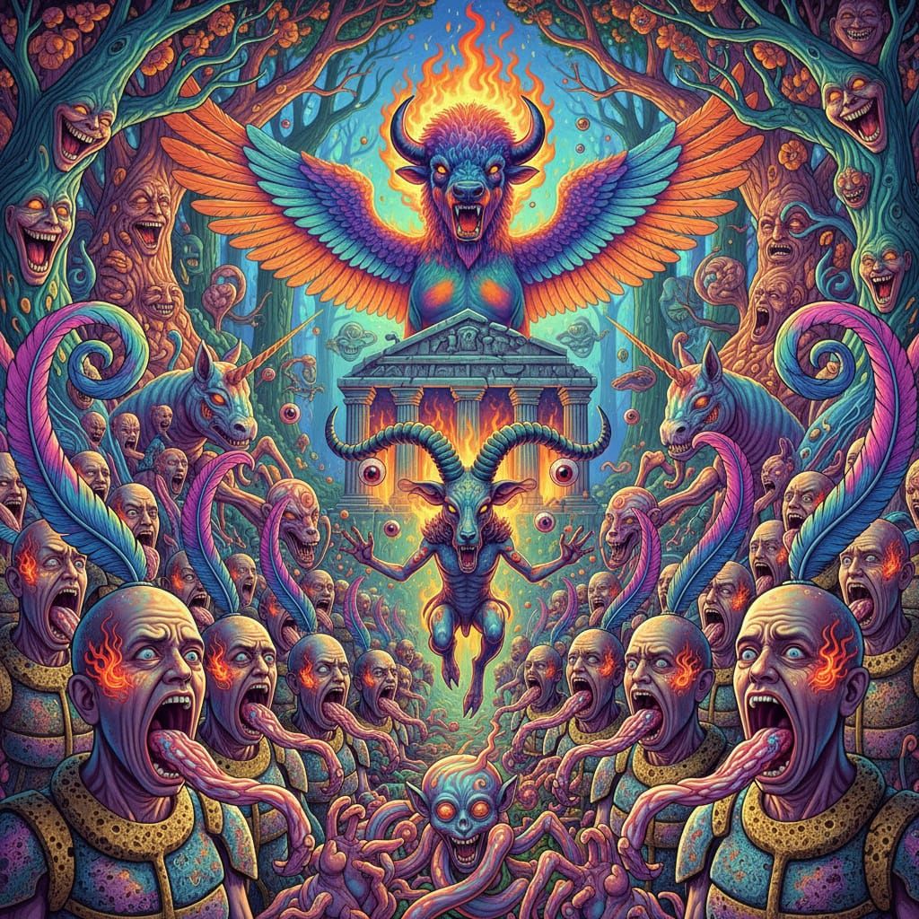 Bizarre Psychedelic Temple Scene with Feathery Humanoids