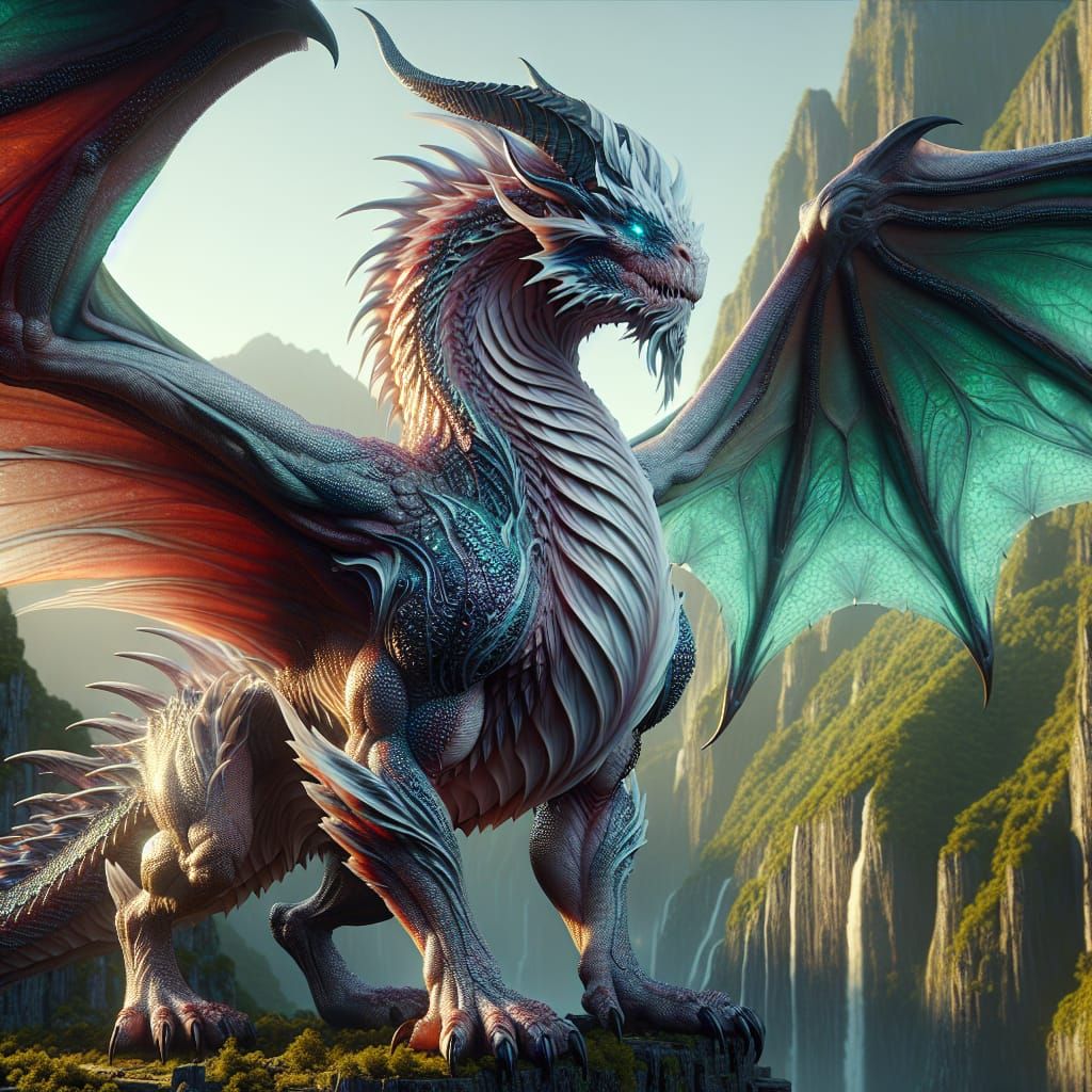 Majestic Dragon Roaring on Mountain Cliff in Magical Realism