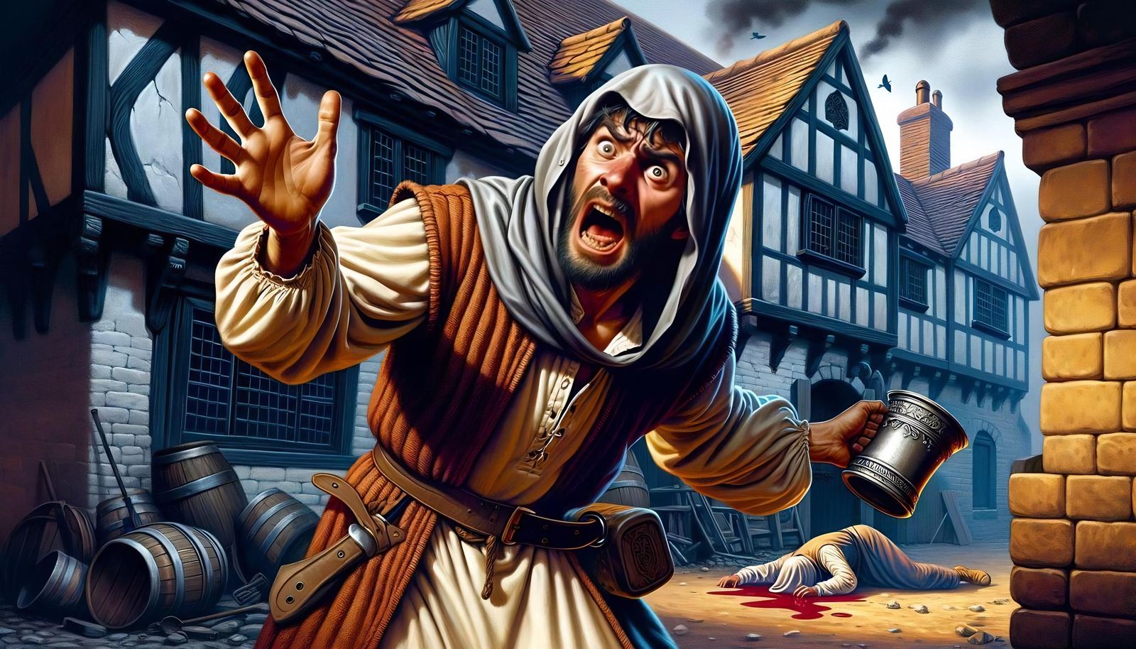 Alarmed Peasant Witnessing Fantasy Horror Illustration
