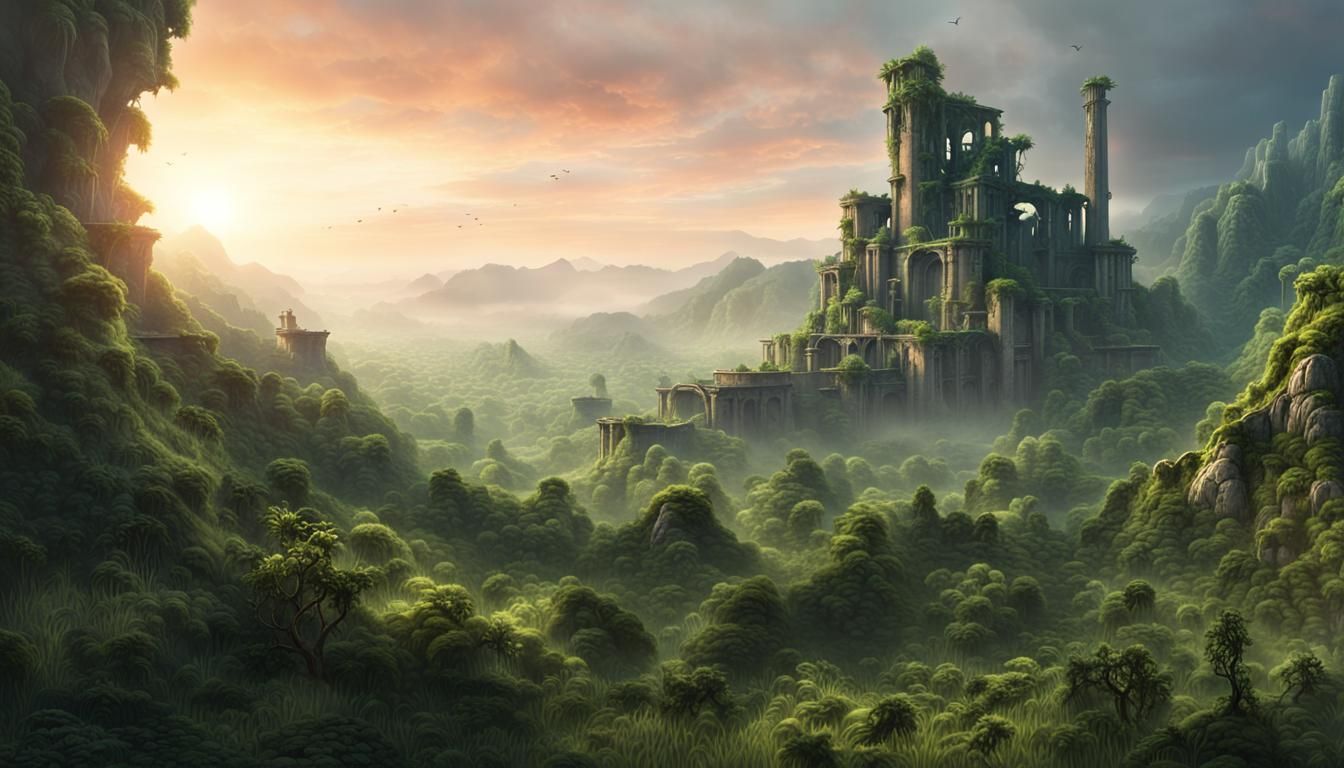 Misty Mountains and Industrial Ruins Landscape