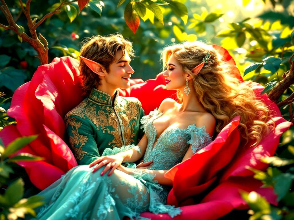 Whimsical Elf and Princess in an English Garden