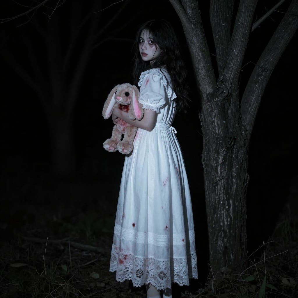 Creepy Girl in Blood-Soaked Nightgown Holding Bunny