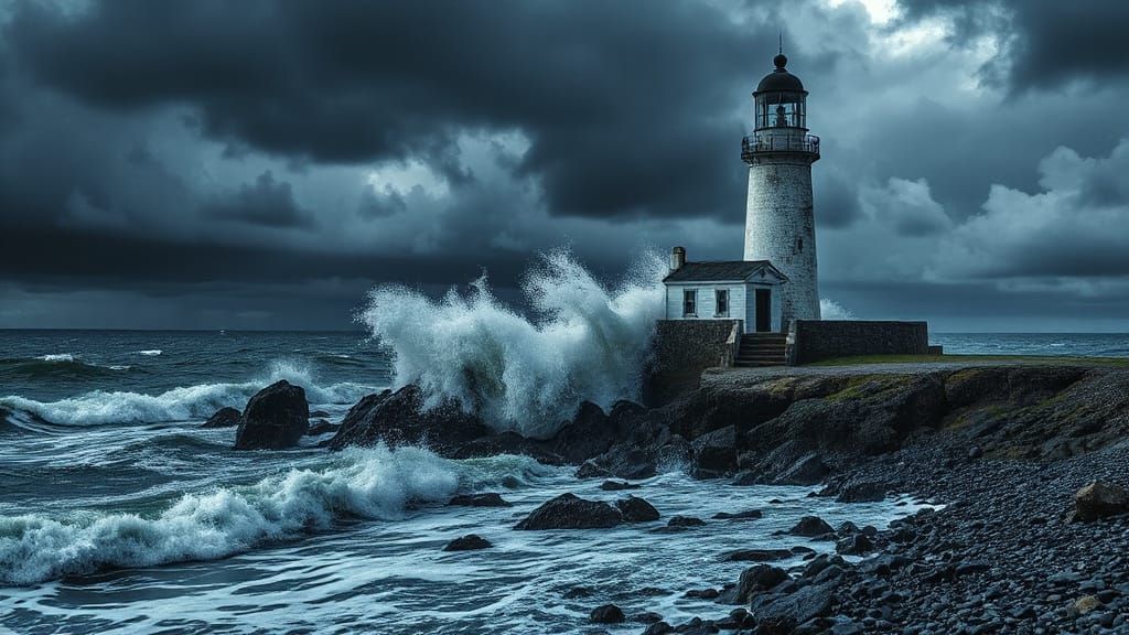 Dramatic Lighthouse Under Turbulent Stormy Skies