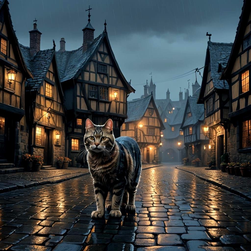 Pale Cat in Rainy Medieval Village at Night
