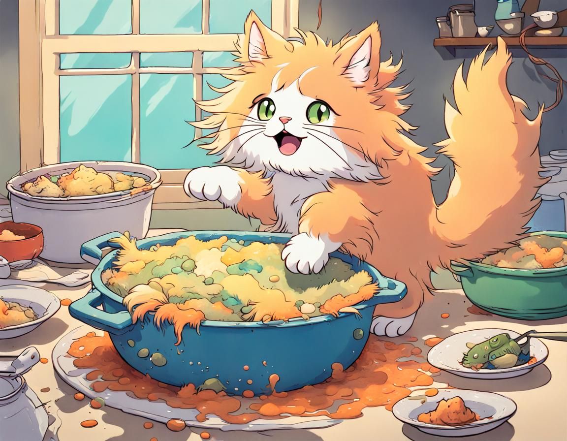 Excited Kitten Devouring Fish Pot Pie, Studio Ghibli Style
