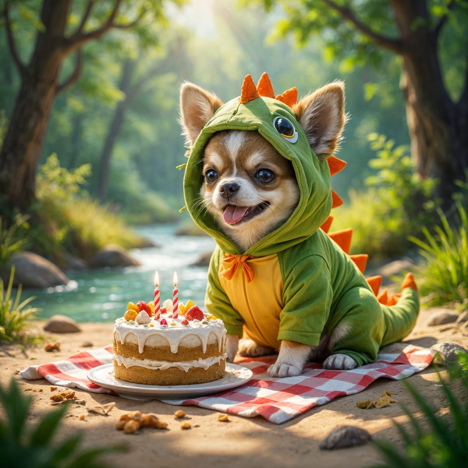 Chihuahua Dinosaur Puppy Birthday Picnic in Nordic Forest