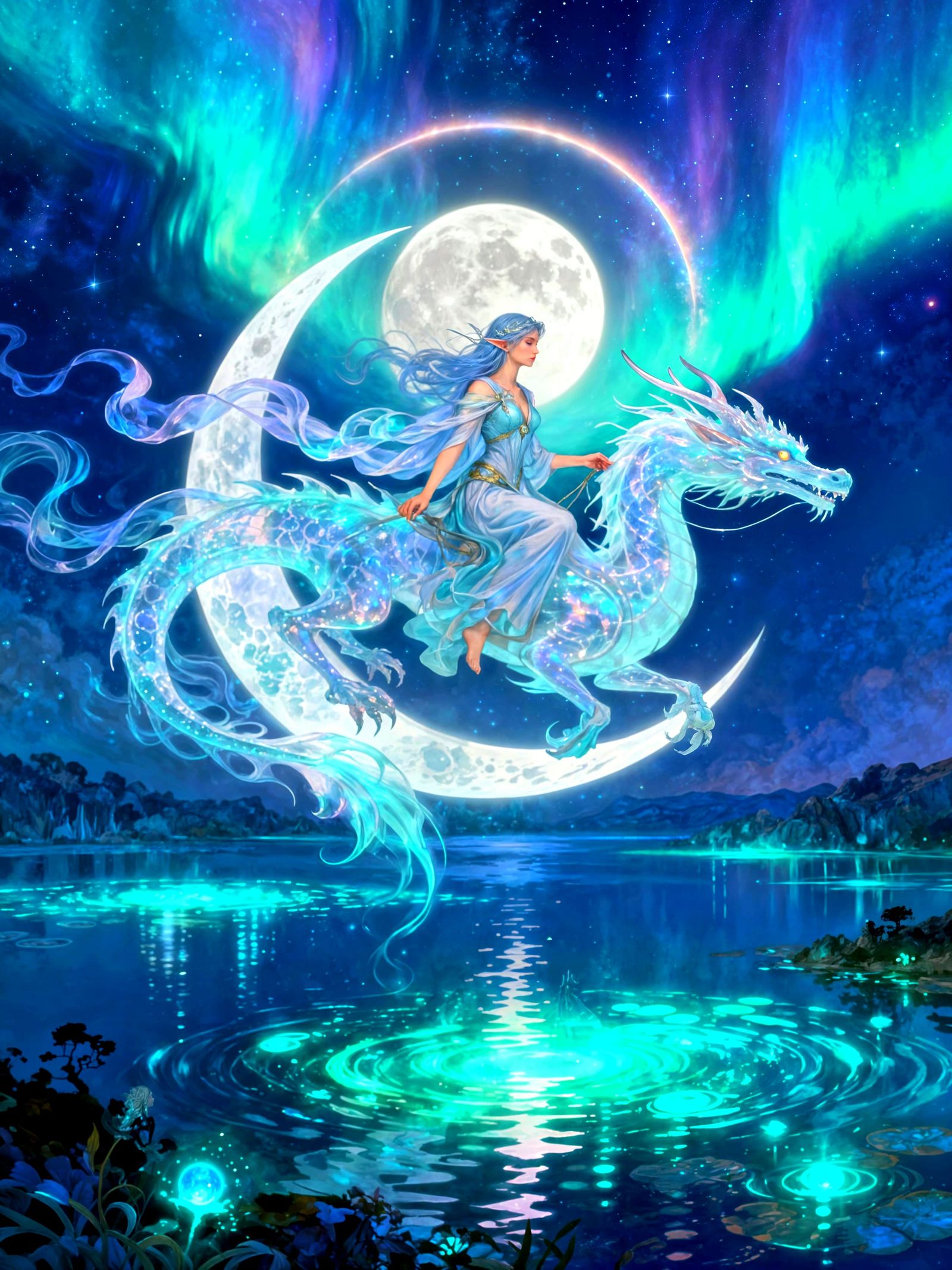 Elven Sorceress Rides Moon Dragon Under Aurora