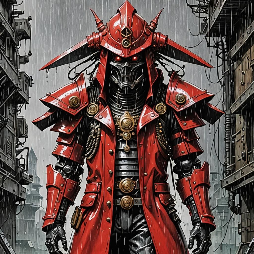 Cyborg Samurai in Red Coat, Biopunk Style