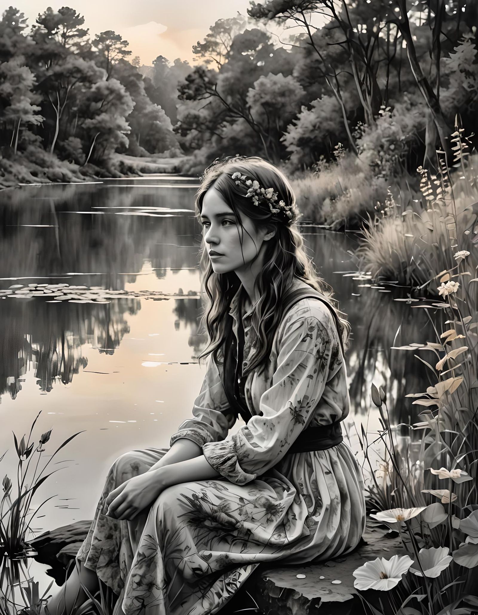 Vintage Photo of Lady by Lake in Watercolor