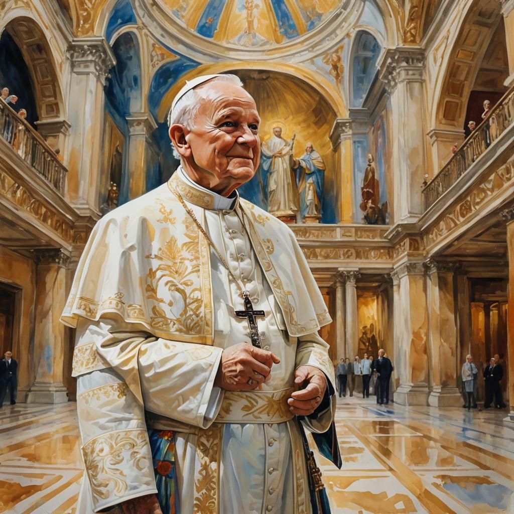 Pope John Paul II in Gouache Style