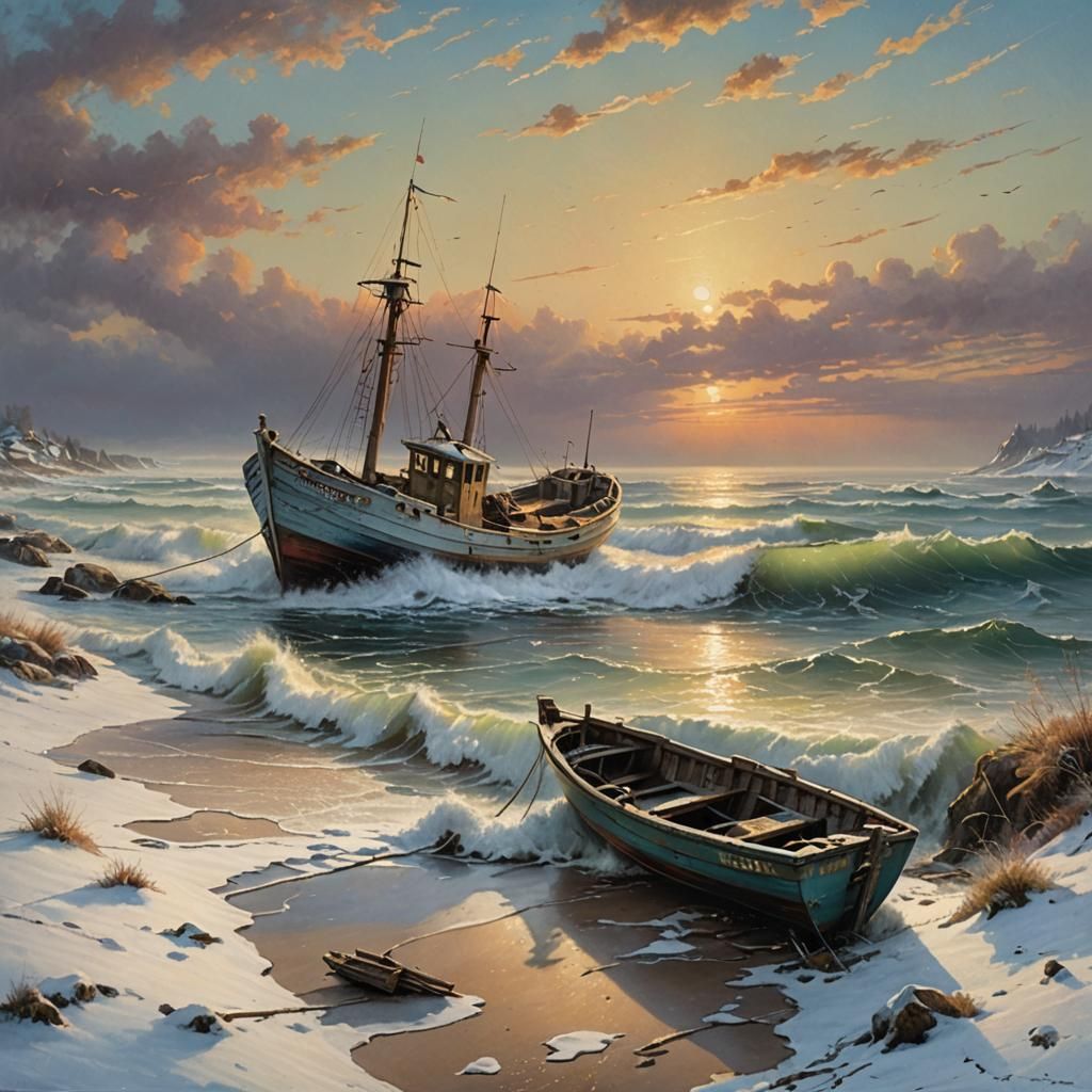 Battered Fishing Boat on Shore in Oil Painting Style