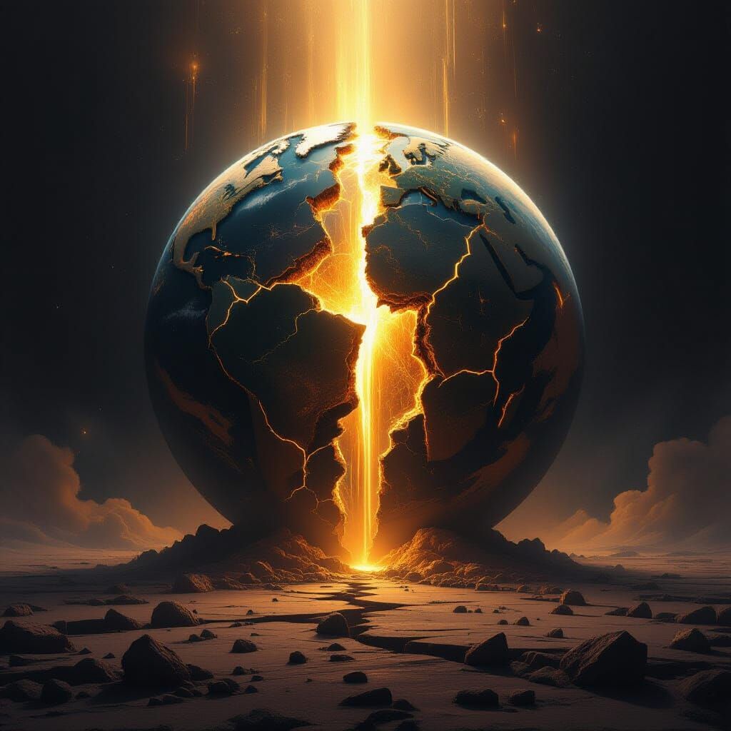 Cracked Planet Emits Ethereal Golden Light as Matte Painting
