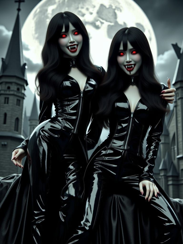 Ethereal Asian Vampires atop Gothic Cathedral in Hyperrealis...