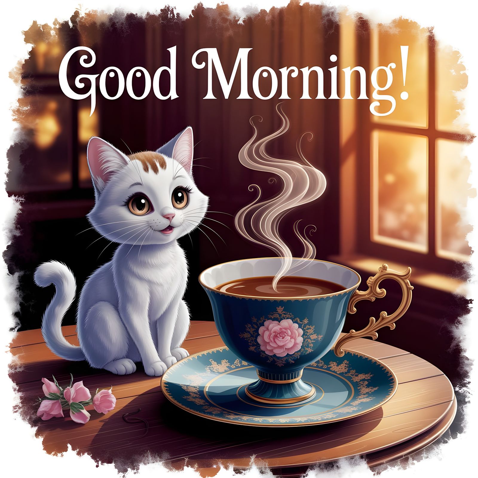 Whimsical Watercolor Cat in a Cozy Morning Scene