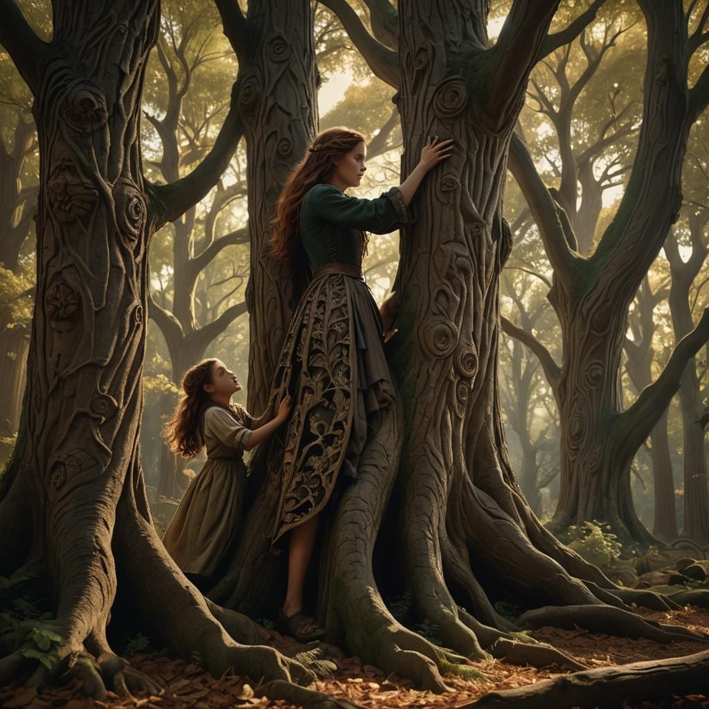 Mystical Forest: Girl Carving Trees in Pre-Raphaelite Style