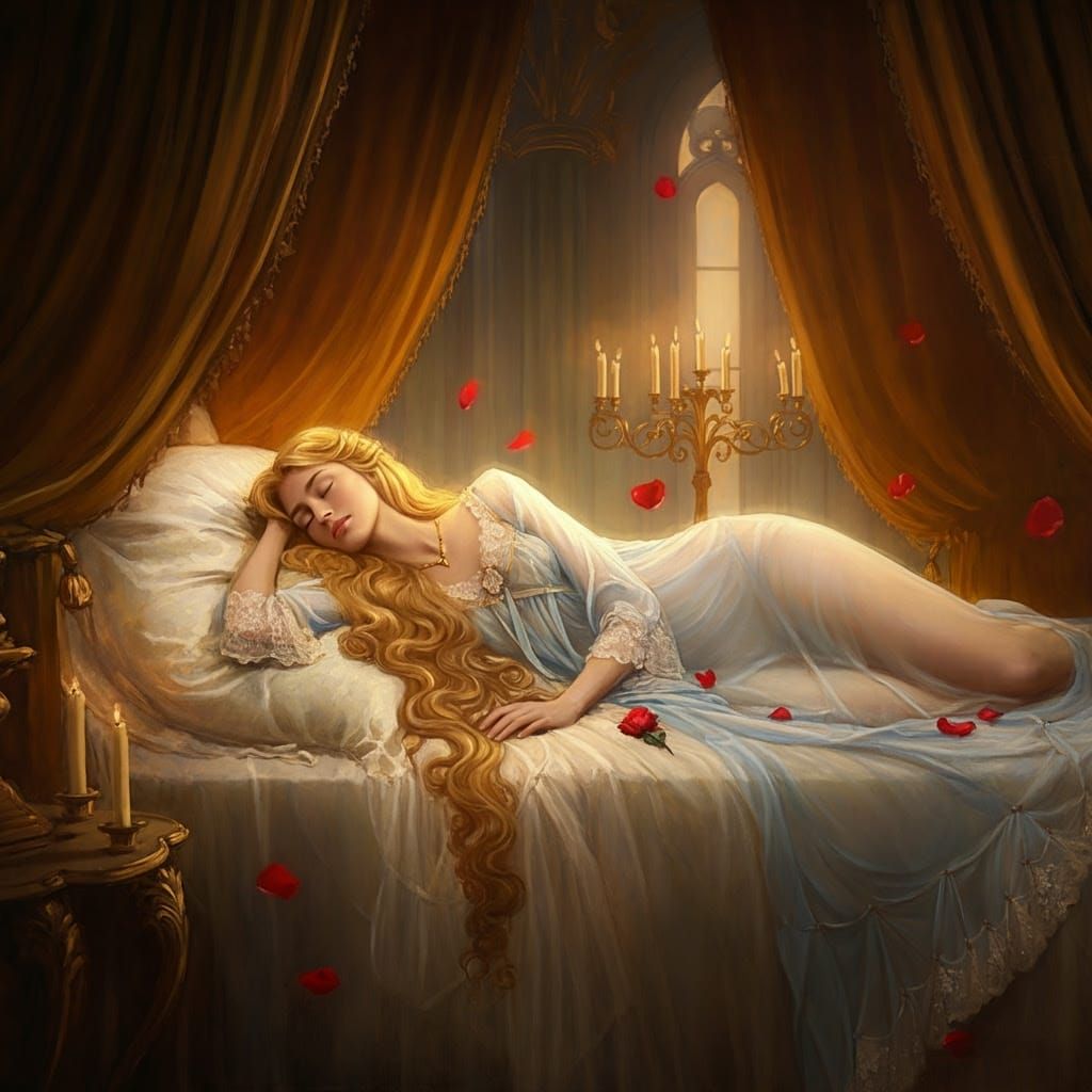 Surreal Rococo Princess in Pale Blue Nightgown Amidst Roses