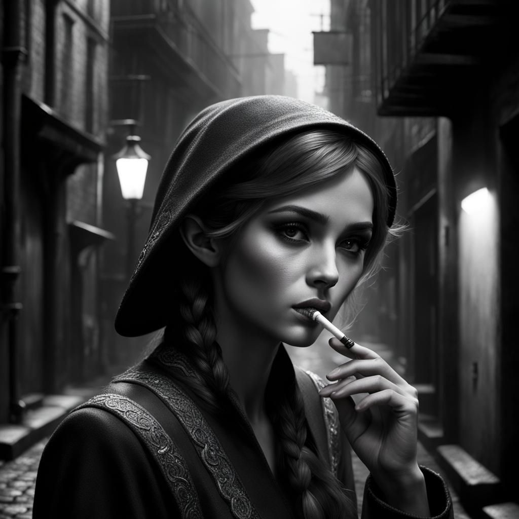 Noir Elf in Dark Alley in Black and White