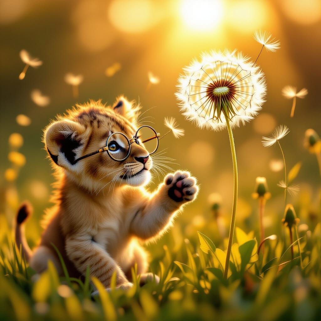 Lion Cub Plays with Giant Dandelion Seed in Sun-Dappled Mead...