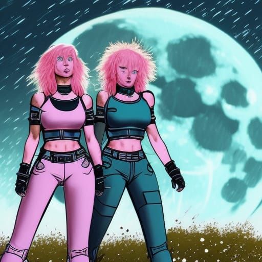 Pink-Haired Warriors on Alien Planet in Dark Fantasy Style