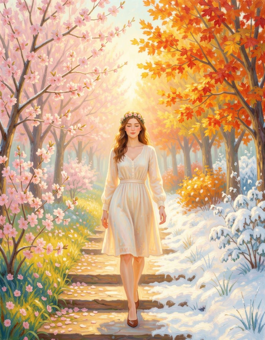 Woman Walking Through Seasons in Impressionistic Oil Style