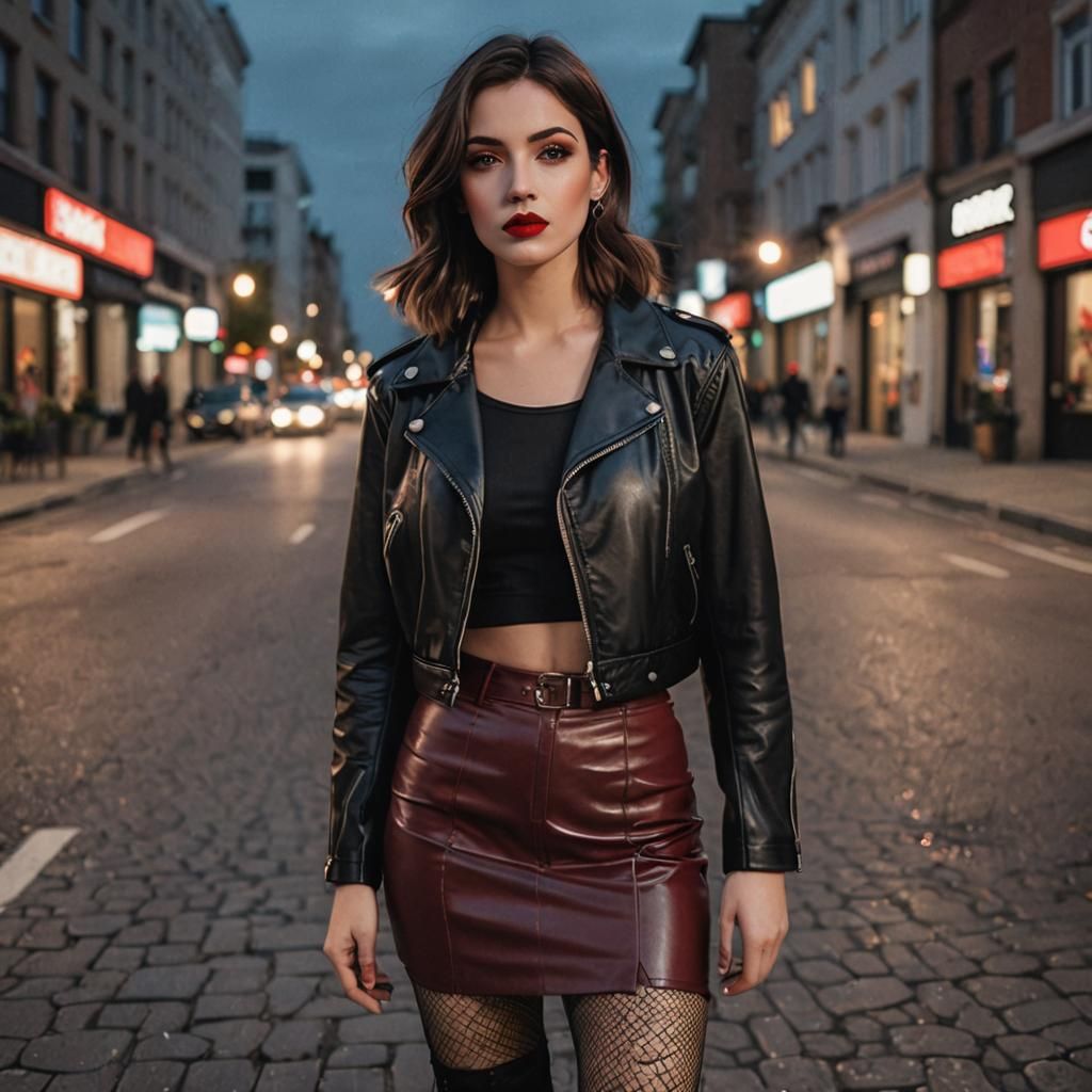 Realistic Portrait of Woman in Leather on City Street