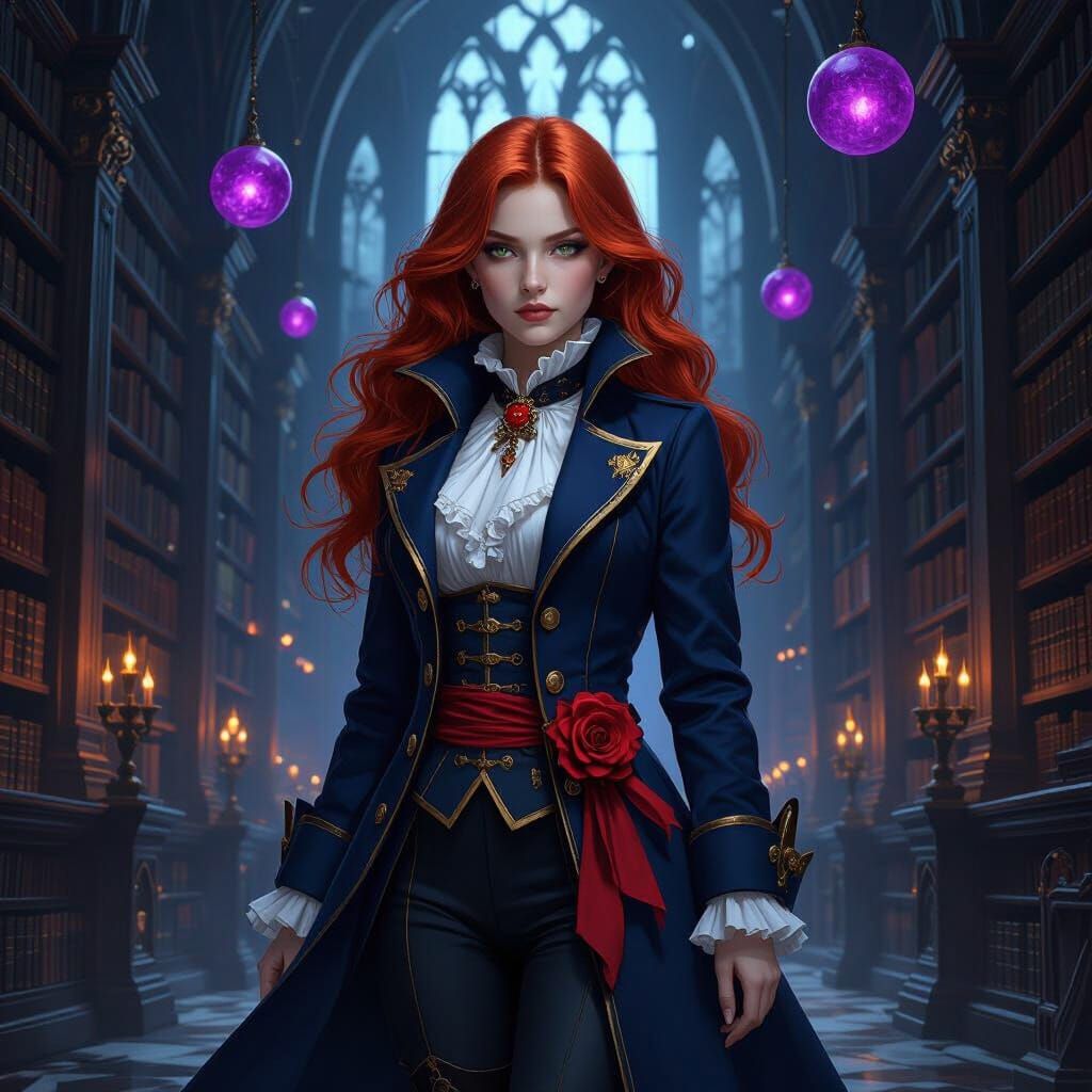French Duelist Girl in Gothic Library, Dark Fantasy Style
