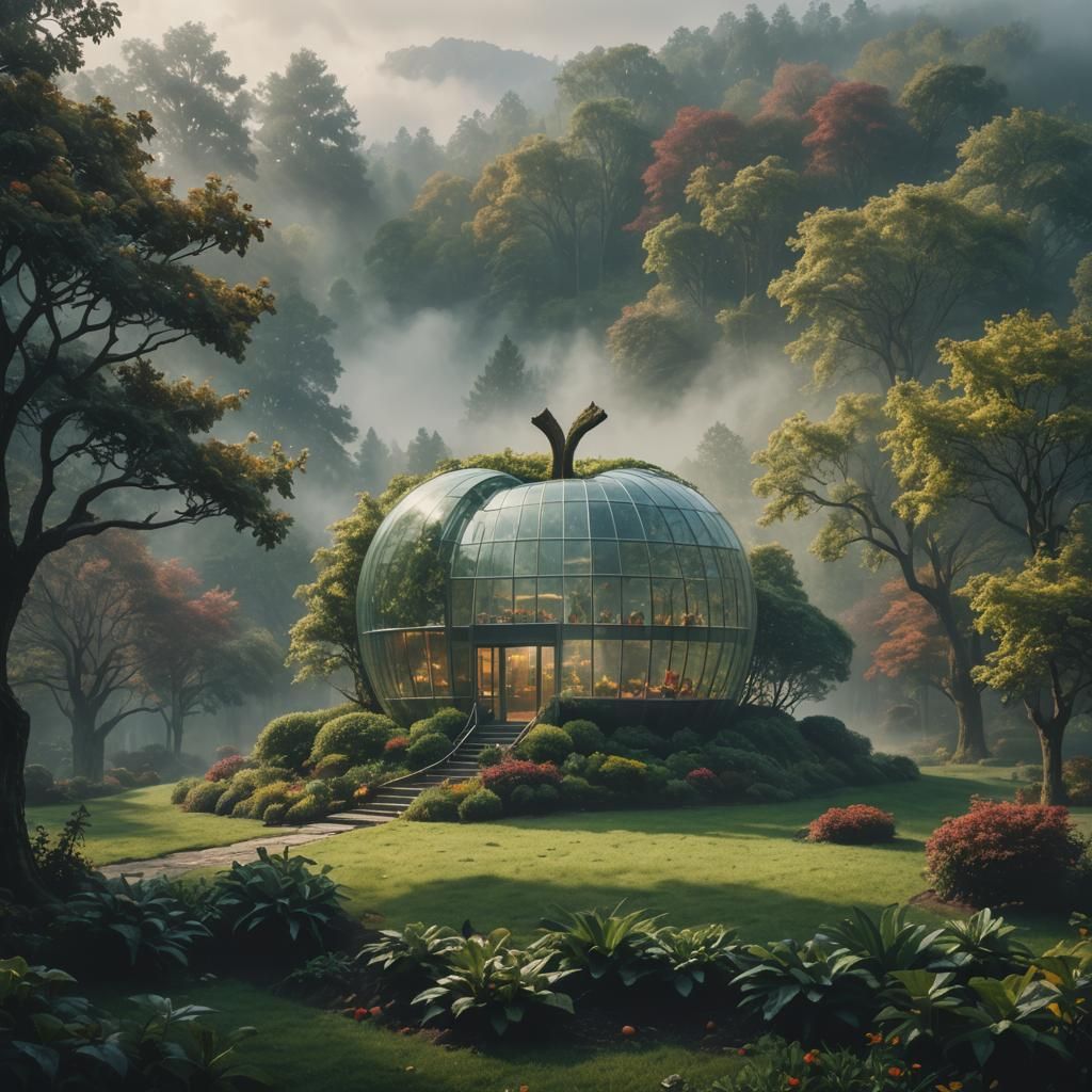 Glass Apple House in Cinematic Style